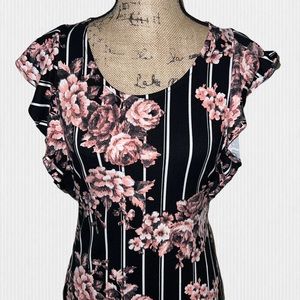 Hot Kiss Floral Stripe Ruffle Sleeve Blouse